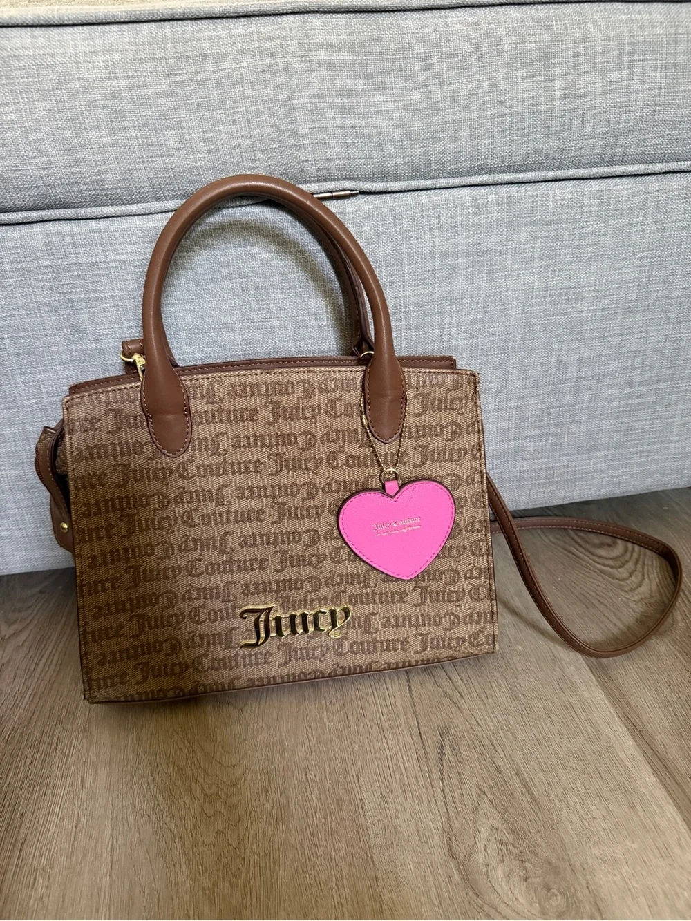 Juicy Couture Brown Logo Satchel with Pink Heart Charm